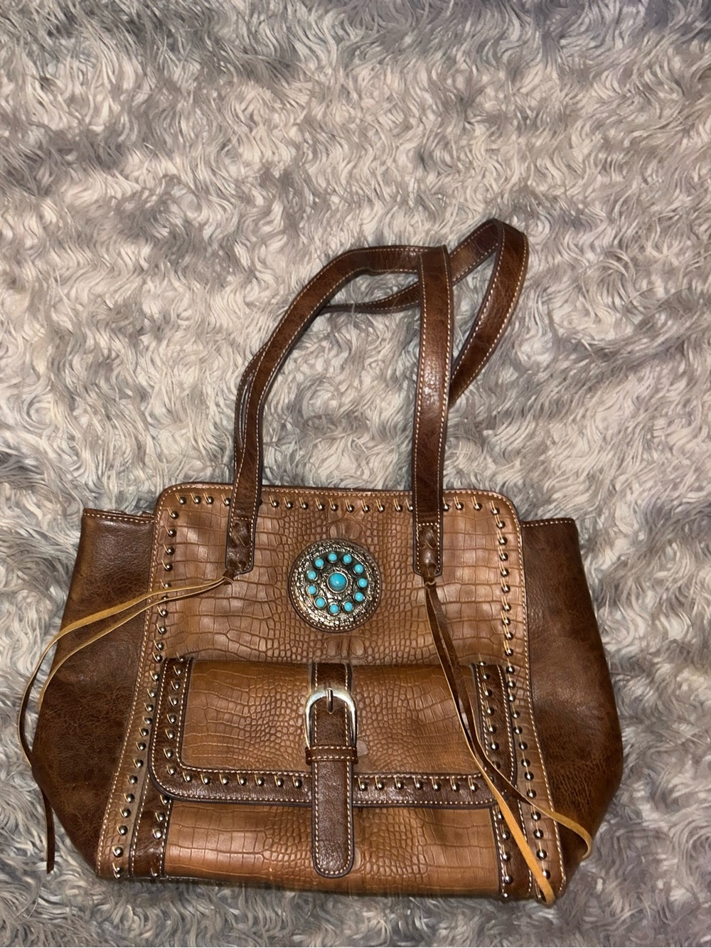 Brown Studded Tote Bag with Turquoise Concho